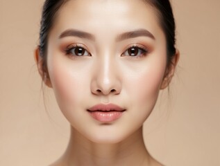 Fototapeta premium Close-up Portrait of a Young Woman with Flawless Skin and Soft Makeup