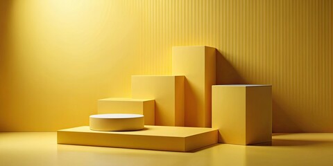 Abstract render with geometric forms on a podium against a yellow background, abstract, minimal, scene, product display