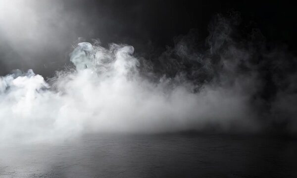 Thick, mysterious fog envelops dark, empty space, creating surreal atmosphere