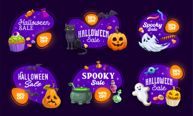 Fototapeta premium Halloween sale banners and labels. Set of holiday badges with cartoon ghosts, black cat, sweets, pots and pumpkins. Vector spooky promo tags for seasonal discount, festive clearance event and party