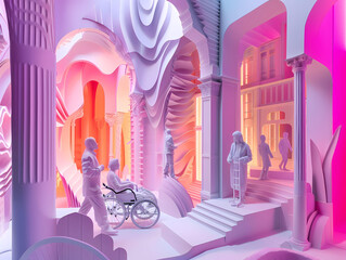 Abstract urban architecture with pink and blue hues, featuring flowers