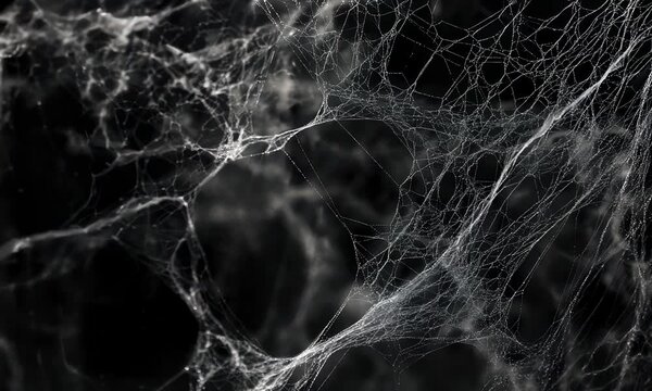 Close-up of intricate, delicate spider webs against dark background