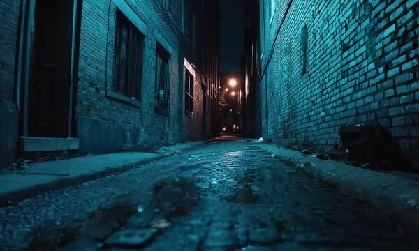 Dimly lit narrow alleyway with cobblestone pathway at night
