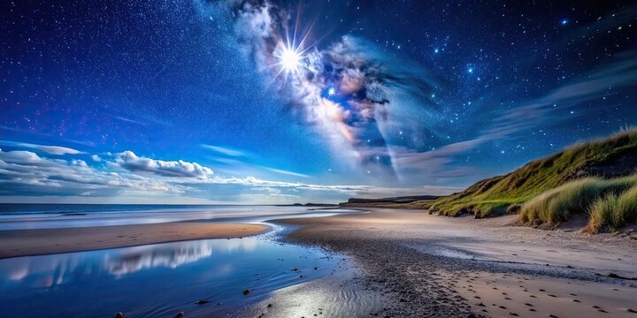 Moonlit beach on the Northumberland coast with stars in the night sky , Beach, Beadnell, Northumberland, United Kingdom