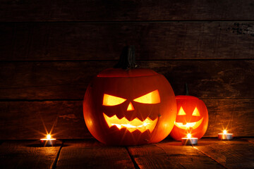 halloween pumpkins on wooden background