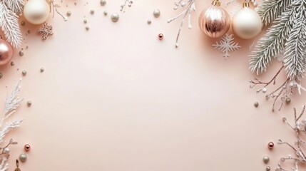 A pink background with christmas decorations and ornaments, AI
