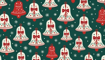Naklejka premium Christmas pattern in Scandinavian retro style. Bell and Ribbon Motif. Simple New Year and Christmas background, bells with bows in red and white color palette. Graphic art illustration wallpaper