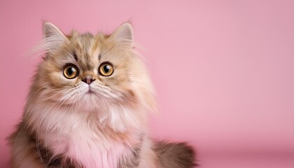 Persian cat on pastel pink background with copy space