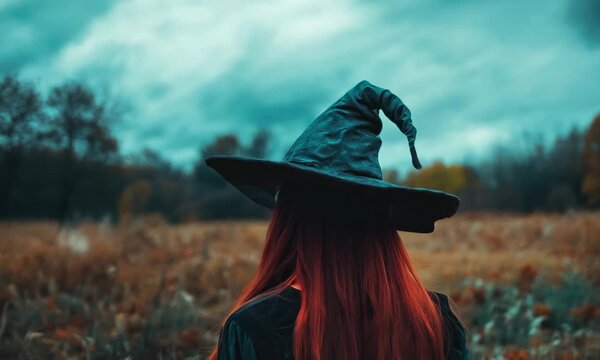 Person with red hair wearing witch hat stands in open field under cloudy sky