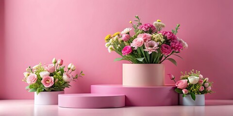 Naklejka premium Podium with flowers for showcasing products on a pink showcase mockup , Podium, flowers, demonstrating, products