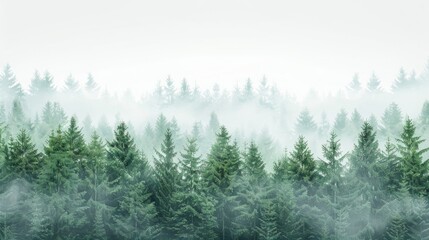 green pine forest trees and white fog background