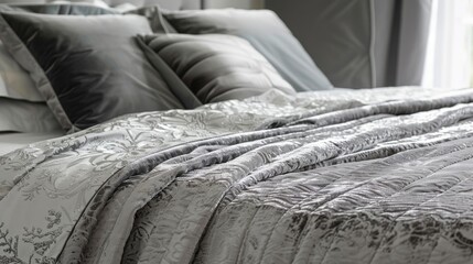 A stunning silvergray velvet bedspread exudes sophistication and a sense of understated glamour.