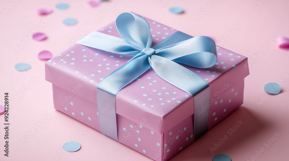 Sticker   Pink gift box with blue ribbon and bow on pink surface surrounded by confetti