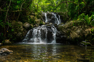 Fototapeta premium A stunning landscape photograph of a secluded waterfall tumbling over moss-covered stones into a tranquil crystal-clear pool.