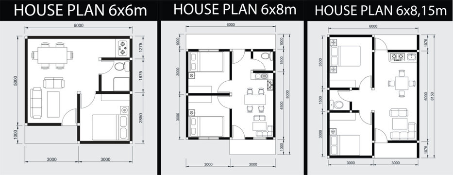 Vector design illustration of house plan size 6x6m, 6x8m, 6x8.15m. with black and white color