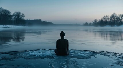 A person sits serenely in a frozen lake their body fully submerged in the icy water as they focus on their breathing.
