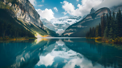 A captivating landscape photograph showcasing a tranquil lake embraced by towering mountains