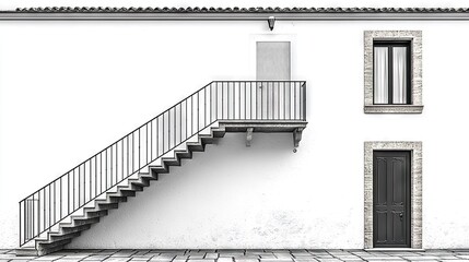   A black-and-white image of a building featuring a staircase adjacent to a door and a nearby fire hydrant