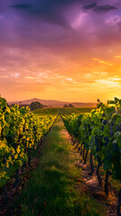 Naklejka premium A captivating landscape photograph featuring a serene vineyard at sunset, with rolling hills and a colorful sky creating a peaceful atmosphere.
