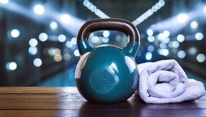 Fototapeta premium Cast iron kettlebell and pink towel on a wooden table in a bright gym. Generative Ai.
