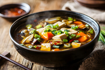Hot and sour soup served steaming in a rustic ceramic bowl, rich in flavor and tradition.