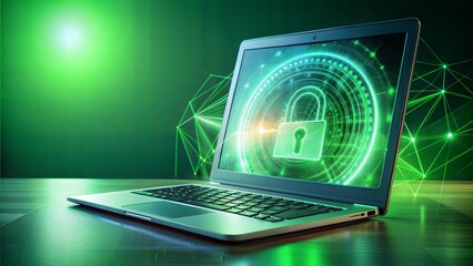 A digital hologram and a Laptop to analyze data, cybersecurity ON green gradient background. High resolution.