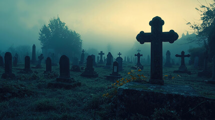 A Foggy Graveyard Background for Halloween Concept with Copy Space