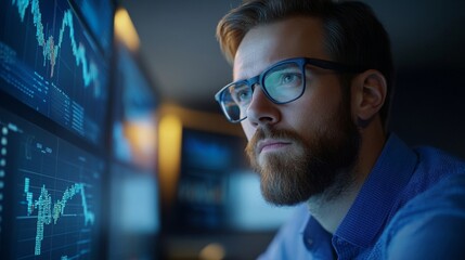 Businessman analyzing stock market data on computer screen.