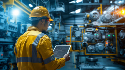 Industrial Plant Worker Monitoring Machinery with Digital Tablet, Heavy Equipment and Tools in Detailed Background