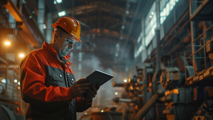 Industrial Plant Worker Monitoring Machinery with Digital Tablet, Heavy Equipment and Tools in Detailed Background