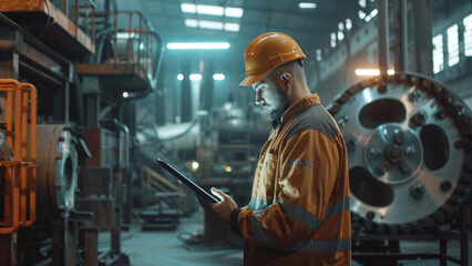 Industrial Plant Worker Monitoring Machinery with Digital Tablet, Heavy Equipment and Tools in Detailed Background