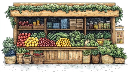 Wooden Produce Stand with Fresh Fruits and Vegetables