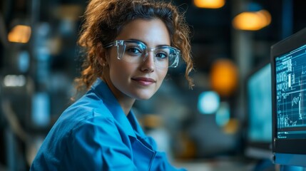 Female Engineer Working on Computer in Factory.