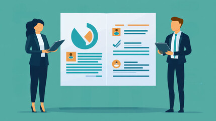 Fototapeta premium Two people are looking at a large chart on a green background