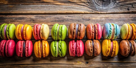 Colorful macaroons arranged beautifully on a rustic wooden background, macaroons, colorful, dessert, sweets, French