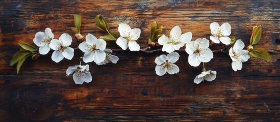 Fototapeta premium White Blossoms on Weathered Wooden Plank