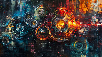 Fototapeta premium Vibrant Abstract Illustration of Interconnected Gears and Machinery, Dynamic Industrial Lighting and Complex Mechanisms