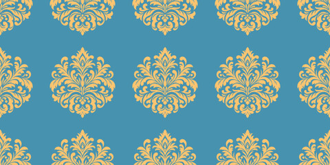 Elegant damask pattern in teal blue and gold. Classic floral ornaments for wallpaper, fabrics, and invitations.