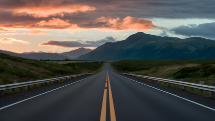 Asphalt highway road and green mountain with sky clouds at sunset
