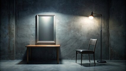 Dark interrogation room with switched-on lamp and big mirror, rendering , interrogation, room, dark, lamp