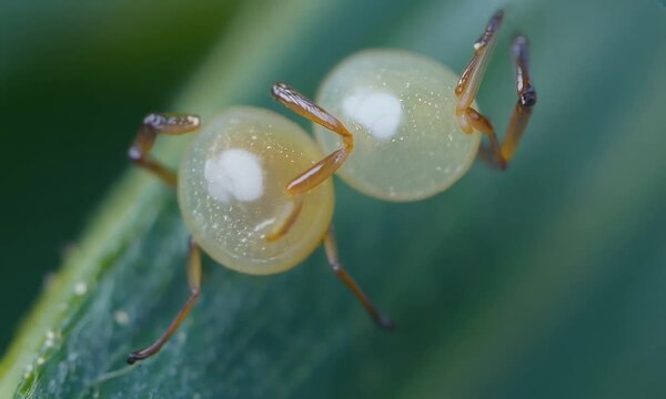 Stenodema is genus of true bug in Miridae family sitt in green leaf, macro a herb view, ed eggs on belly