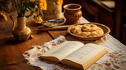 Vintage Kitchen Scene With Open Recipe Book And Freshly Baked Cookies On A Rustic Table Decorated With Yellow Flowers And Ceramic Pottery In A Cozy Warm Setting