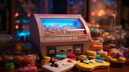 Vintage Gaming Console in a Nostalgic Arcade Room with Classic Joystick and Colorful Buttons