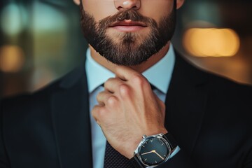 Close up of a well groomed man adjusting his tie highlighting a sophisticated wristwatch symbolizing confidence professionalism and modern masculine style in a corporate environment