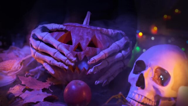 Close-up of witch hands caressing a carved spooky Halloween pumpkin in cold fog next to a human skull with a burning candle and an apple among dry foliage.