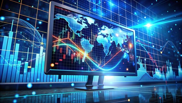 Futuristic interface displays dynamic market data scatter graph analysis on a holographic monitor, surrounded by swirling digital infographics and network connections in a futuristic setting.