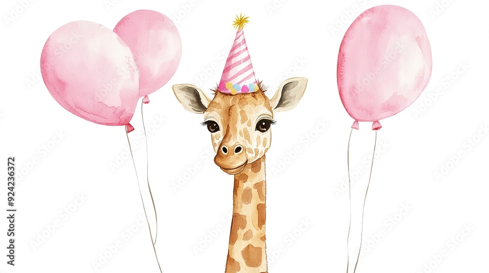 Poster watercolor cute full body giraffe with birthday hat and pink balloons on a white background