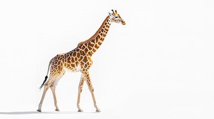 Giraffe walking on white background.