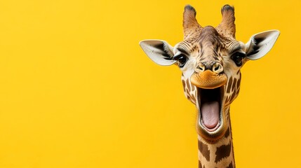 Obraz premium Amazed surprised giraffe pet with a curious face with open mouth at on yellow background. Website banner concept. Advertising postcards, notebooks.