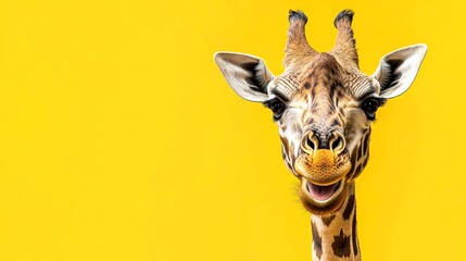 Portrait Banner for Website of surprised amazed giraffe pet with a curious face with open mouth at on yellow studio background. Website banner concept. Advertising postcards, notebooks